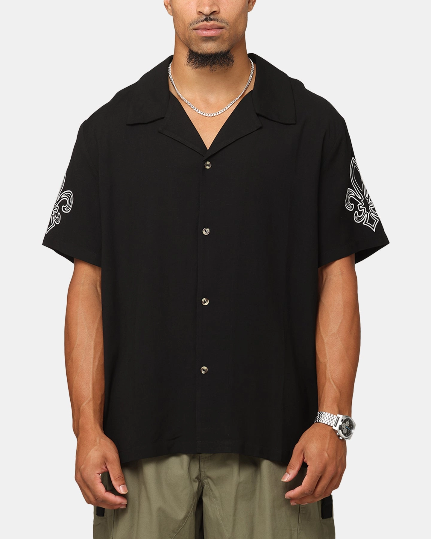 Eye-Catching Pattern XXIII Fleur Linen Button Up Shirt Black