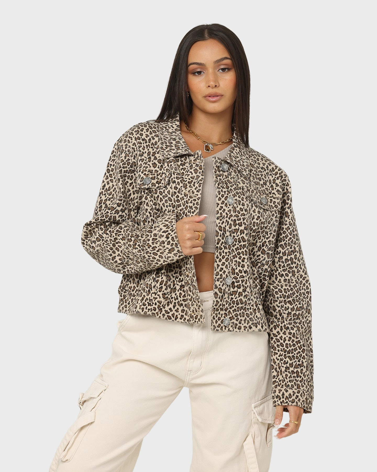 XXIII Labonita Denim Jacket Leopard Foldable Collar