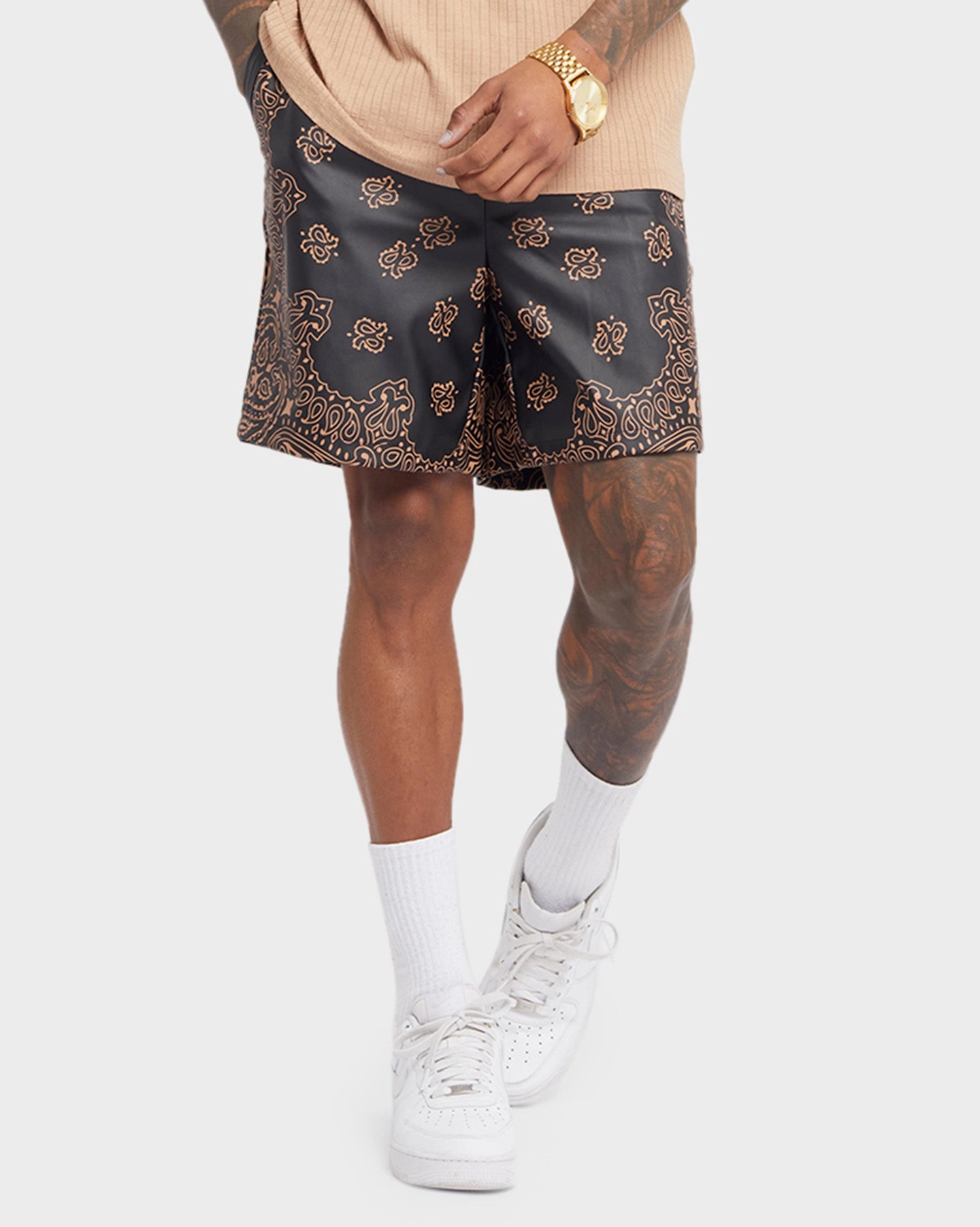 Abrasion Proof Fabric XXIII Paisley Printed Pleather Shorts Paisley Black