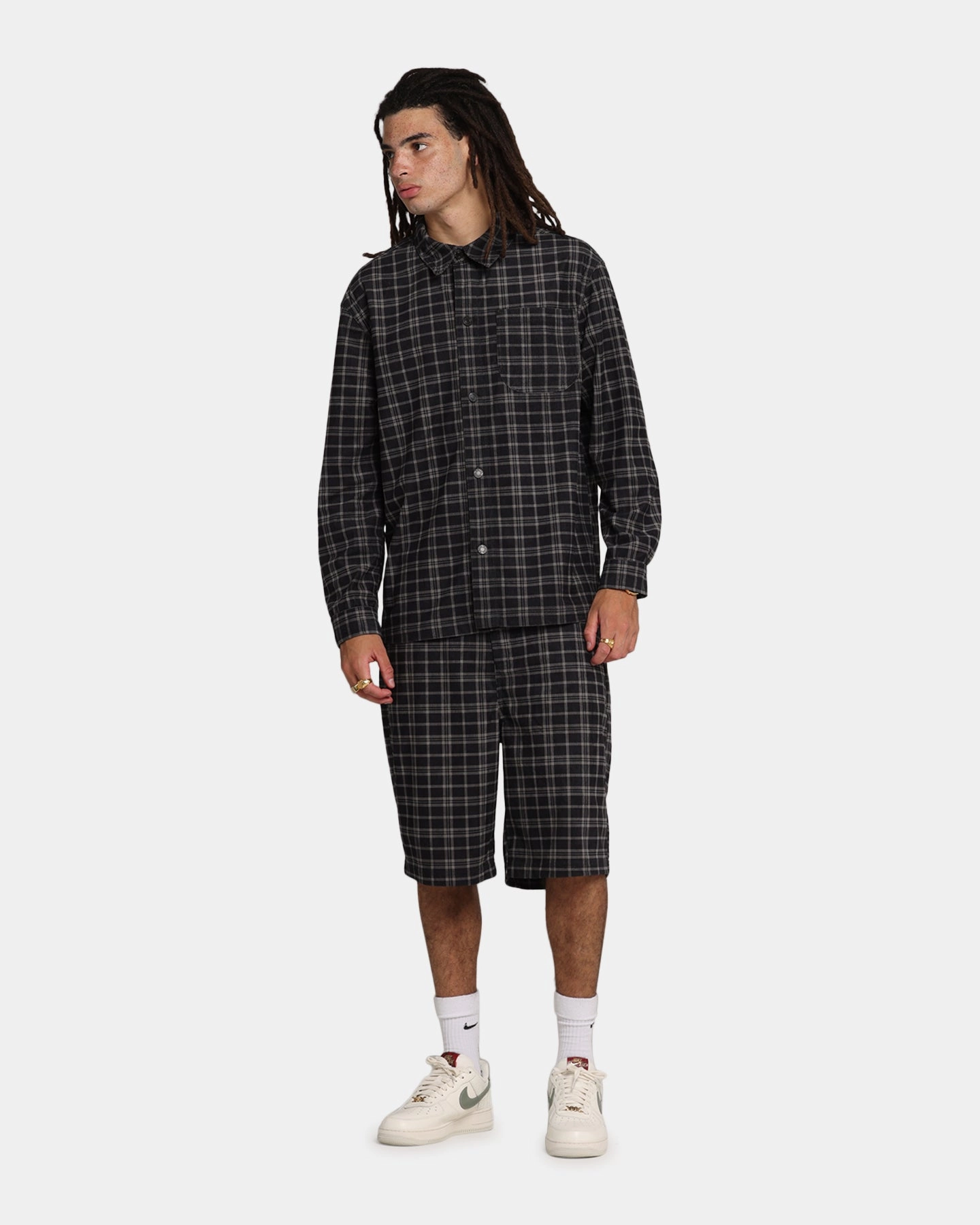 XXIII Plaid Corduroy Jorts Black/Grey Slimming Effect Stretch Comfort