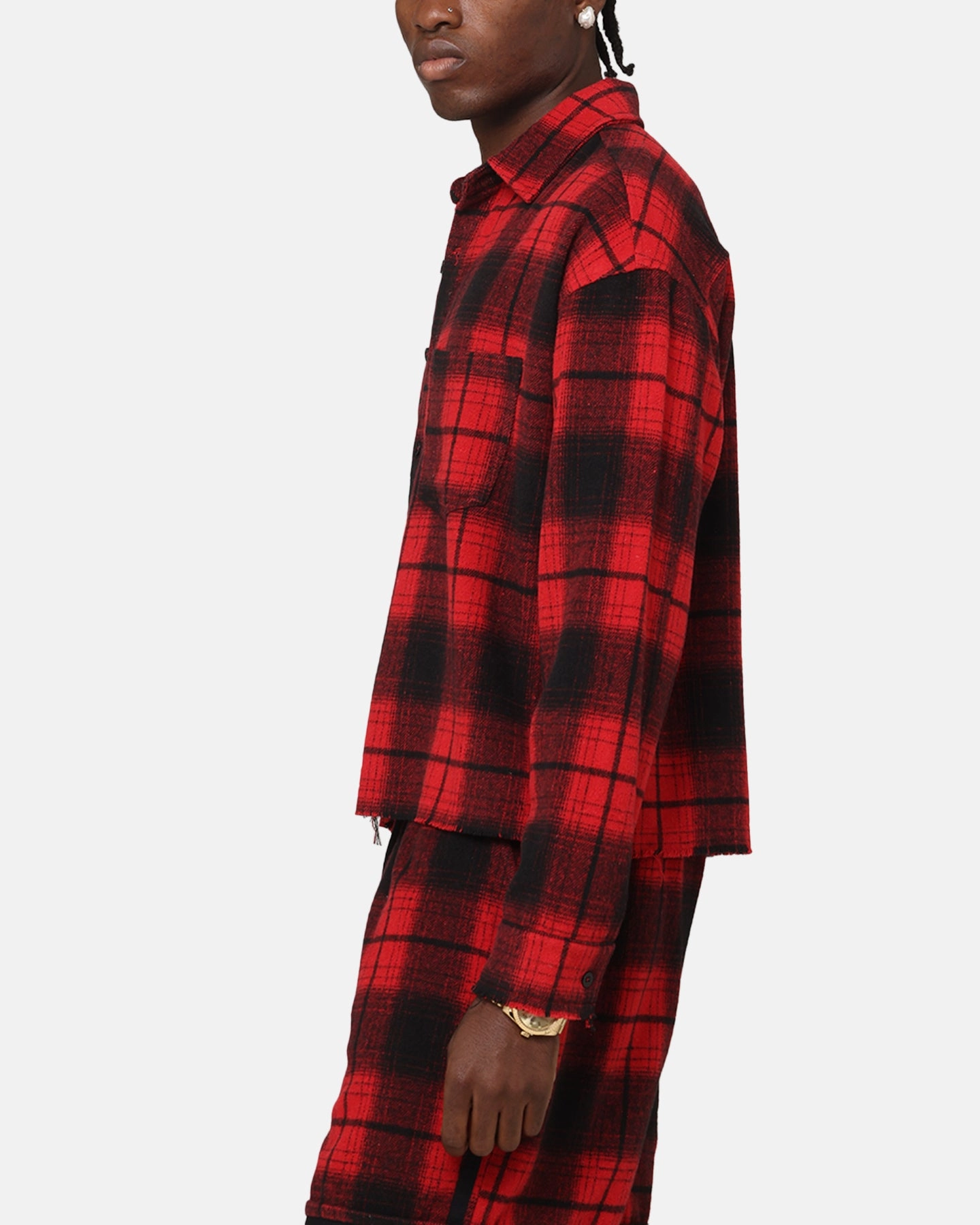 Brushed Inner Lining Easy Styling XXIII Plaid Long Sleeve Overshirt Red