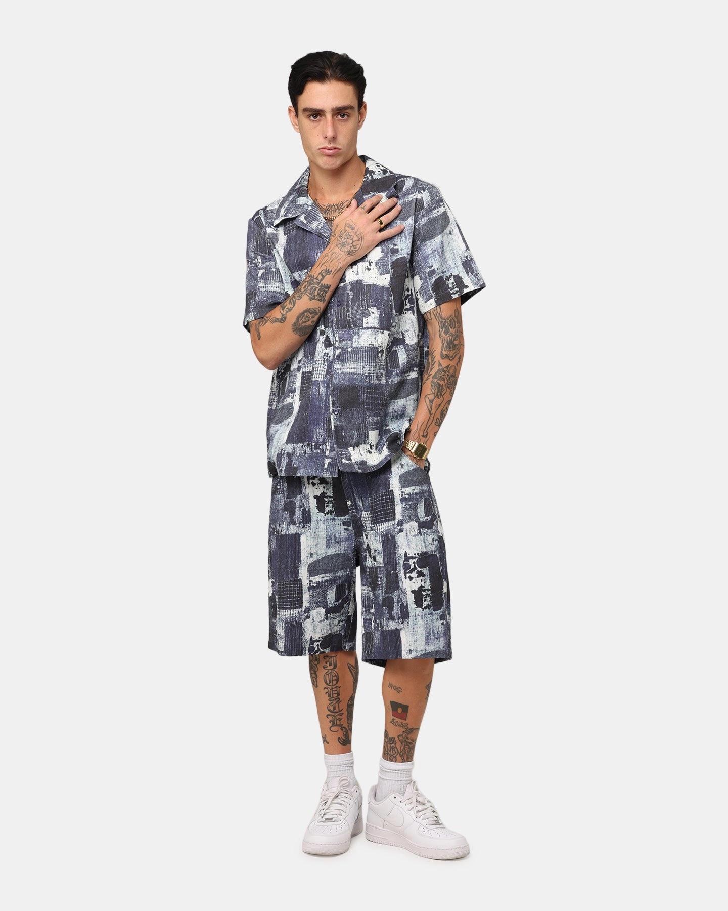 XXIII Printed Denim Patch Button Up Shirt Blue color block All-Weather Ready