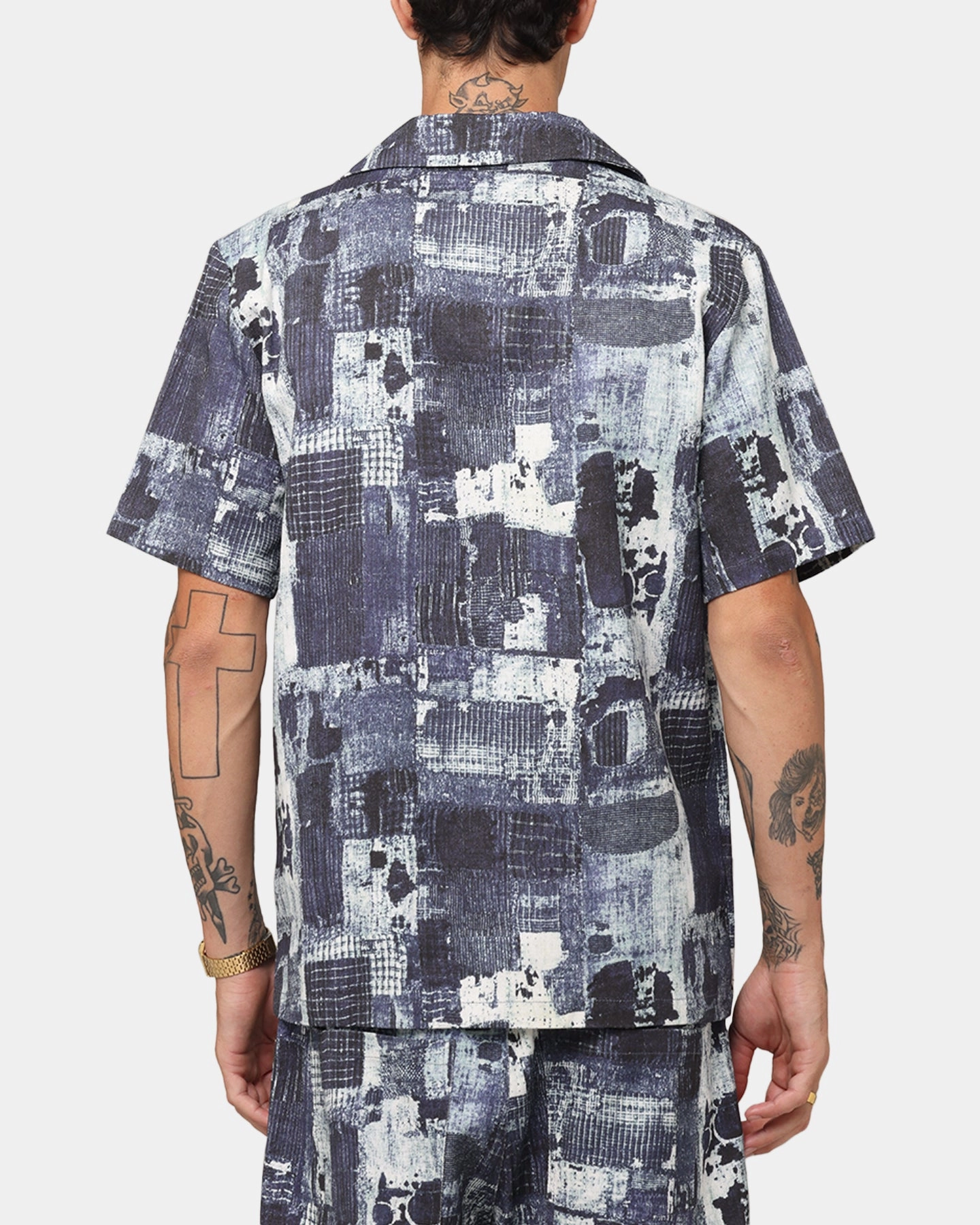 Resort Wear Work Appropriate XXIII Printed Denim Patch Button Up Shirt Blue