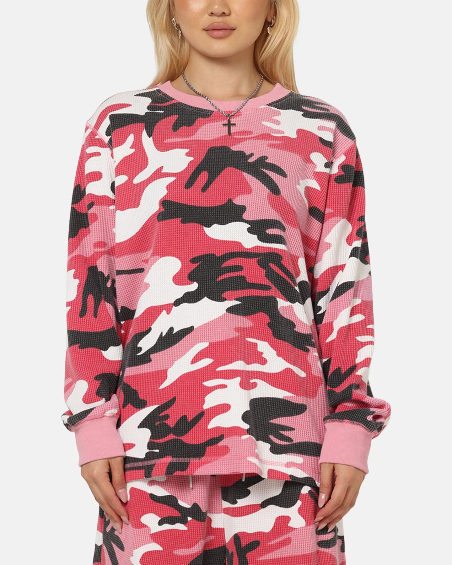XXIII Printed Thermal Long Sleeve T-Shirt Pink Camo Layered Hem Design