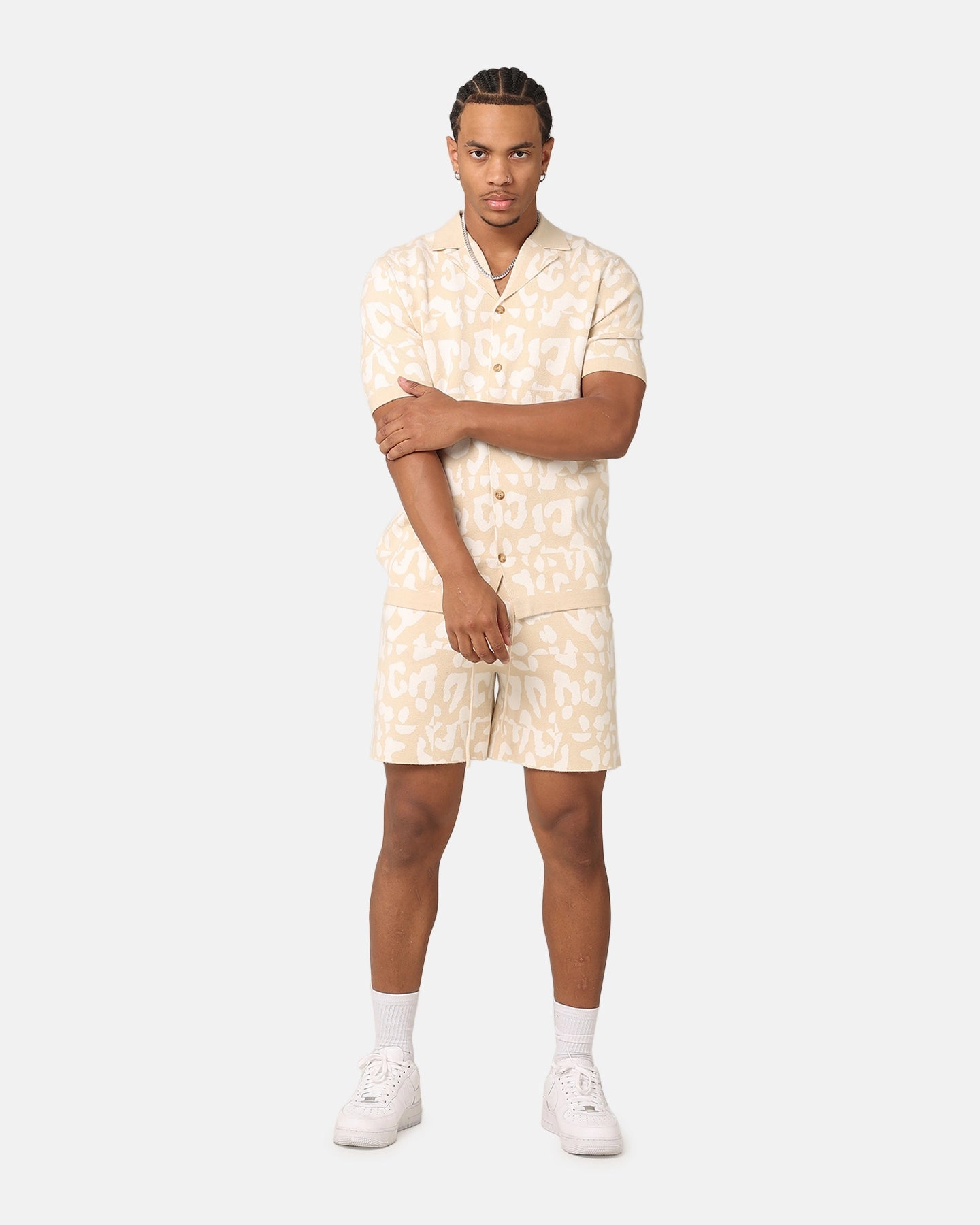 Layering Essential Personalized Touch XXIII Puzzle Knit Button Up Shirt Beige/Off White