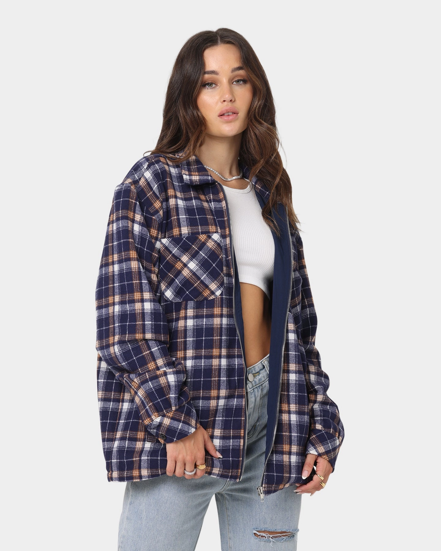XXIII Soren Plaid Bomber Jacket Blue Makeup