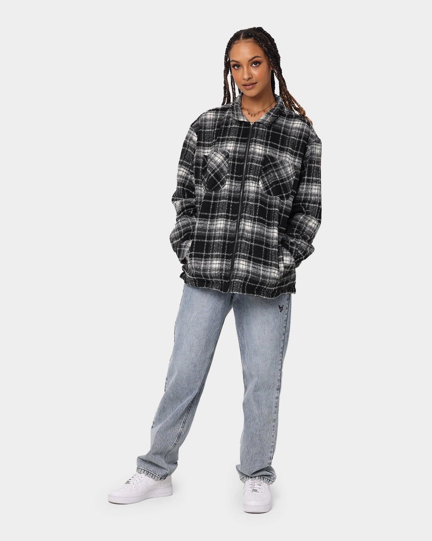 XXIII Vitus Zip Up Flannel Shacket Black/White adults Hooded Storage Compartment