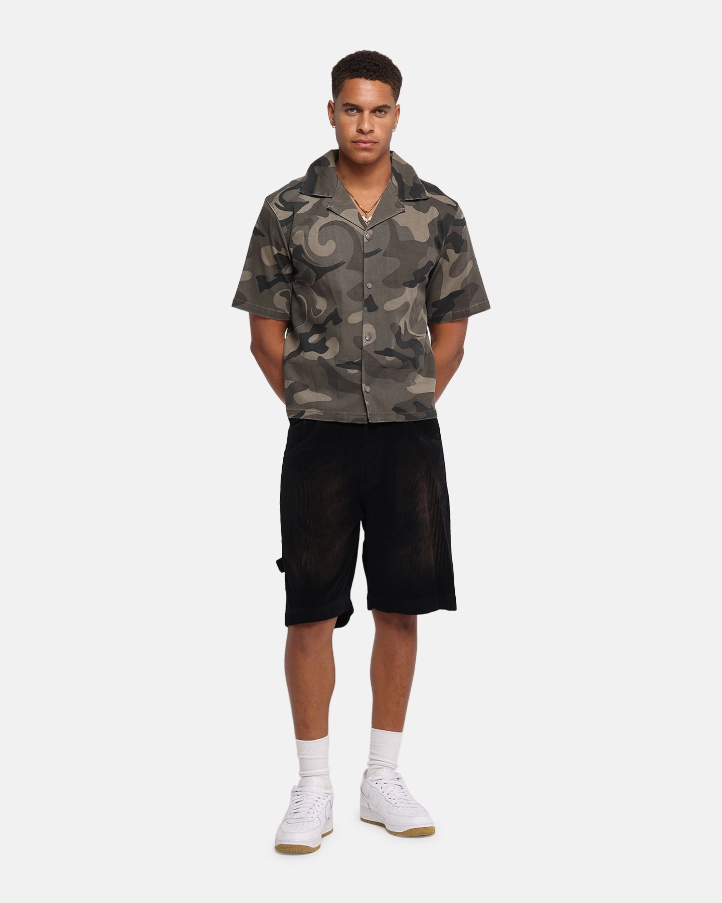 XXIII Washed Camo Button Up Shirt Camo Structured Shoulder Support Reinforced Elbow Patches