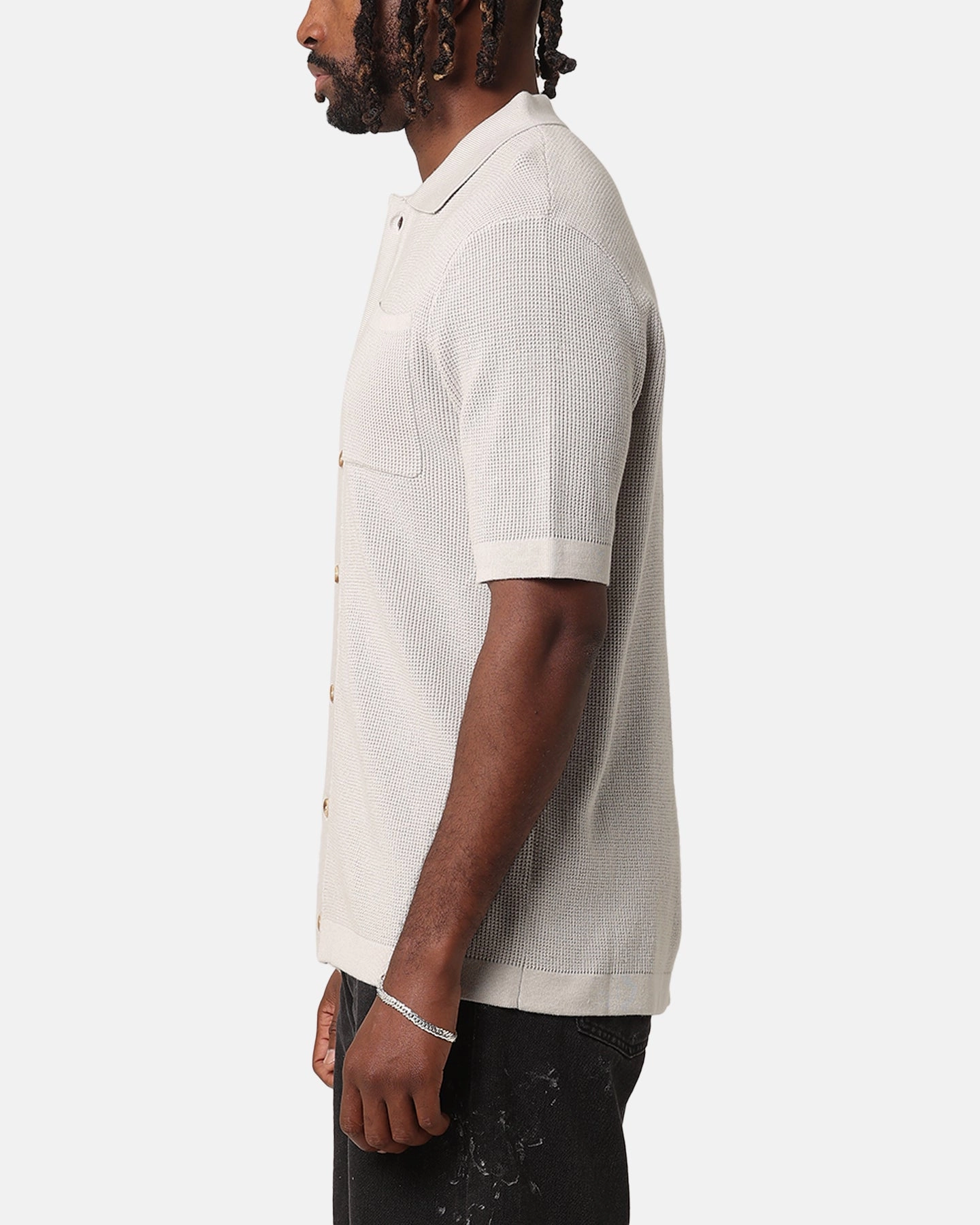 XXIII Zyair Knit Rib Button Up Shirt Stone Black Tie Optional Minimalist Design