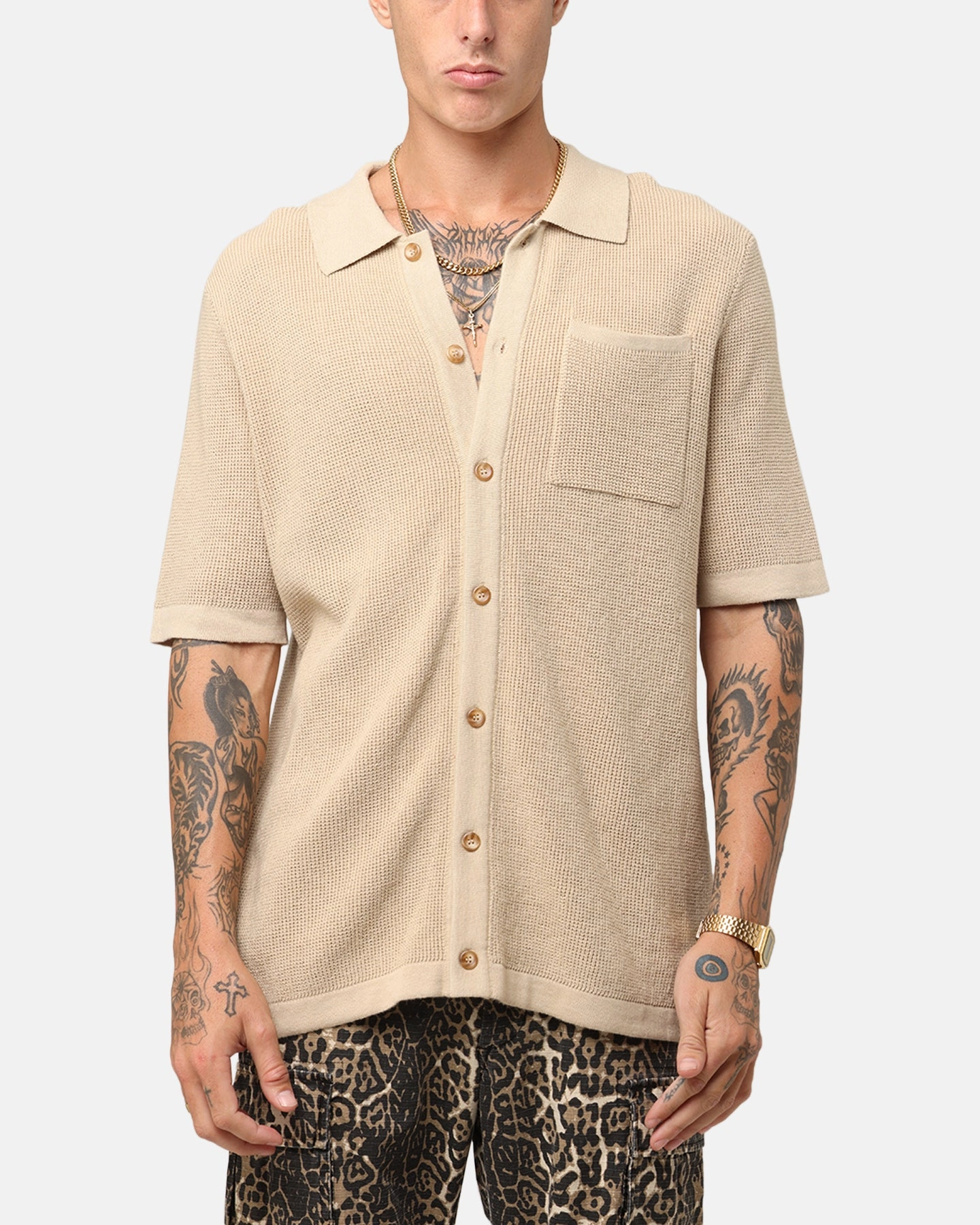 XXIII Zyair Knit Rib Button Up Shirt Tan Trendy Look Durable Thread Construction