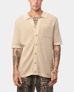 XXIII Zyair Knit Rib Button Up Shirt Tan Trendy Look Durable Thread Construction