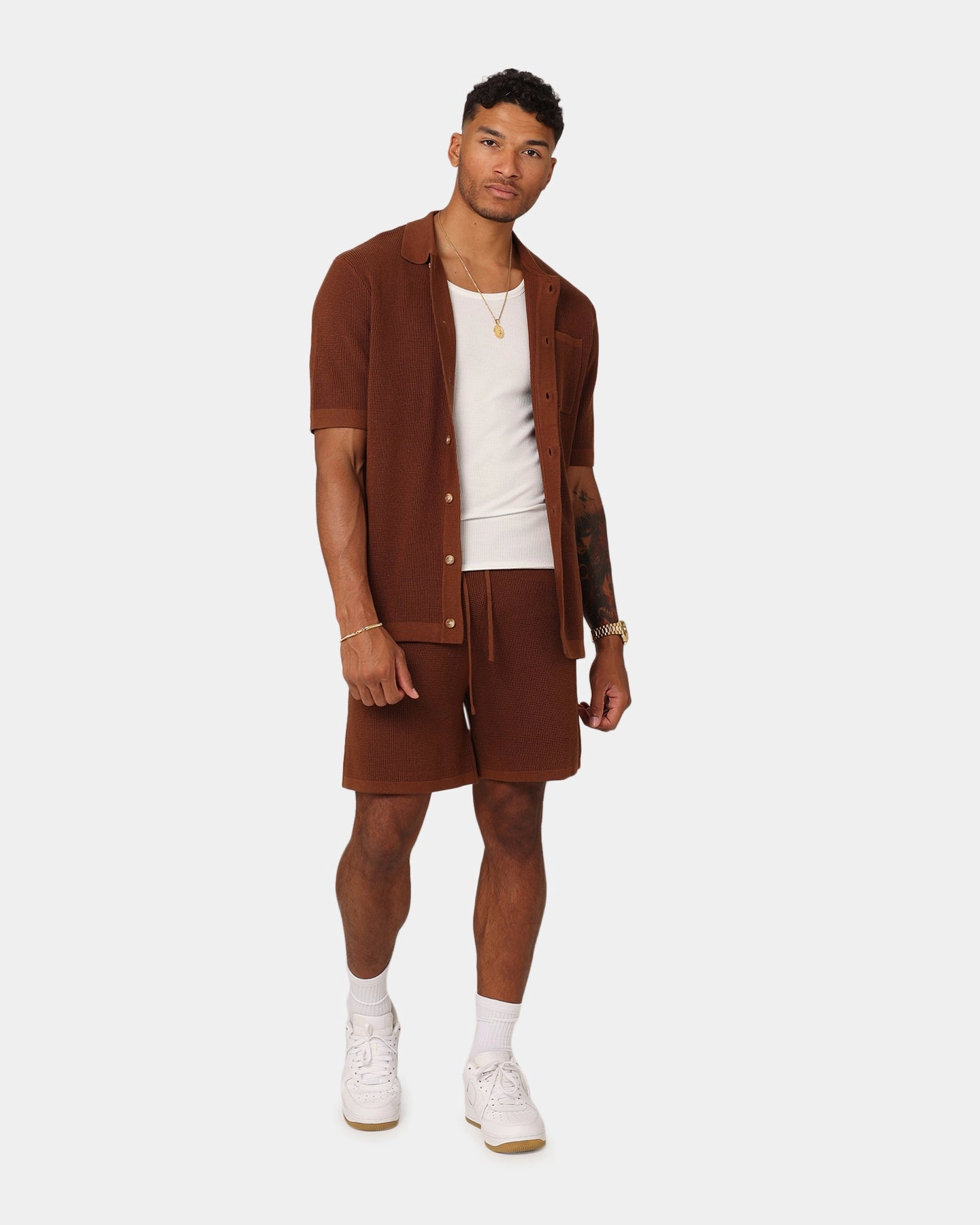 XXIII Zyair Knit Rib Shorts Brown Breathable Mesh Panels