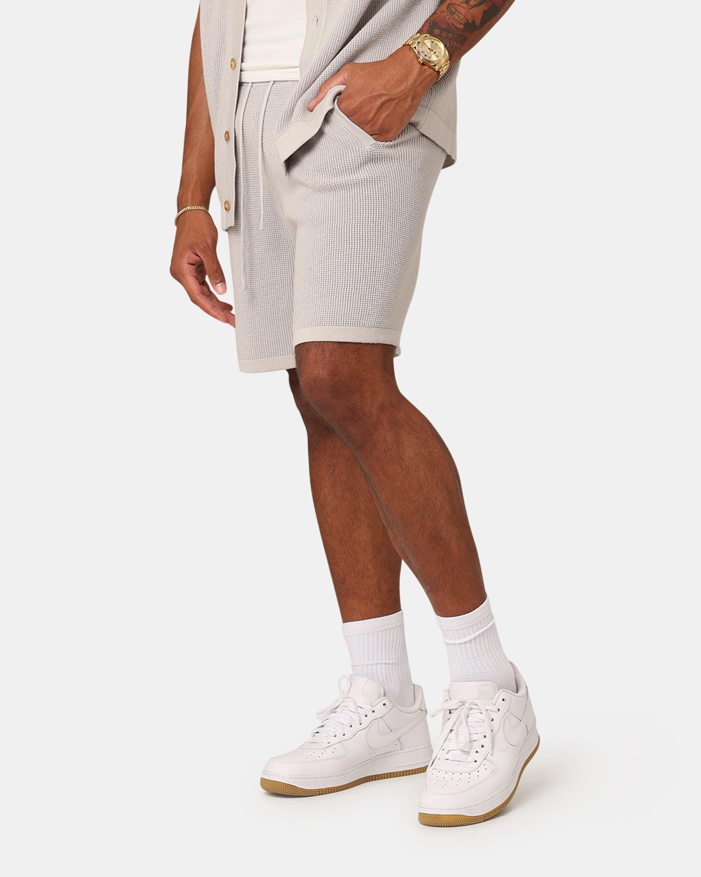 XXIII Zyair Knit Rib Shorts Stone snap closure