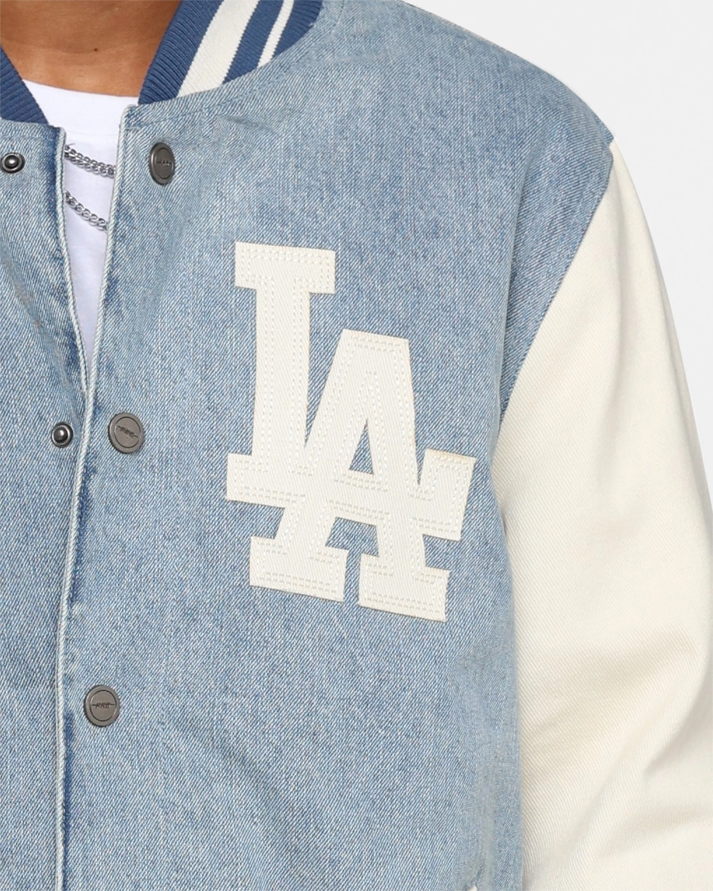 Pro Standard Los Angeles Dodgers Varsity Blue Jacket Denim/Linen Tapered Silhouette Tactile Response Fabric