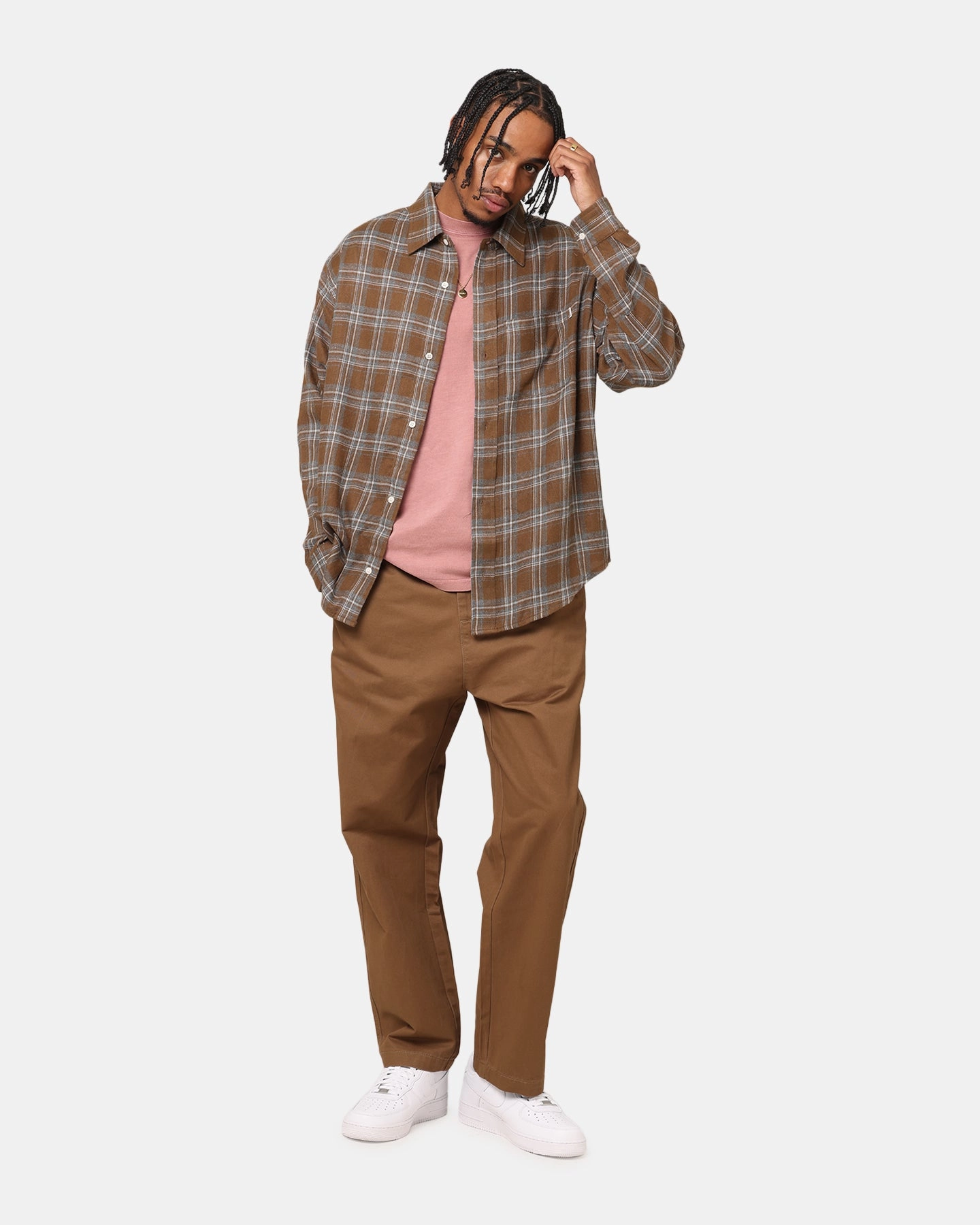 S Double Duty Plaid Long Sleeve Shirt Brown Seamless construction