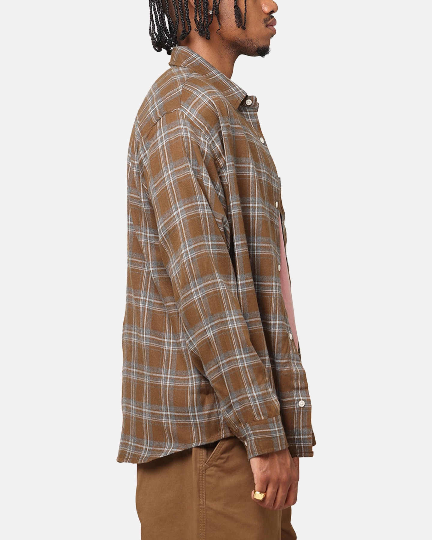 High Neck Button Down Design S Double Duty Plaid Long Sleeve Shirt Brown
