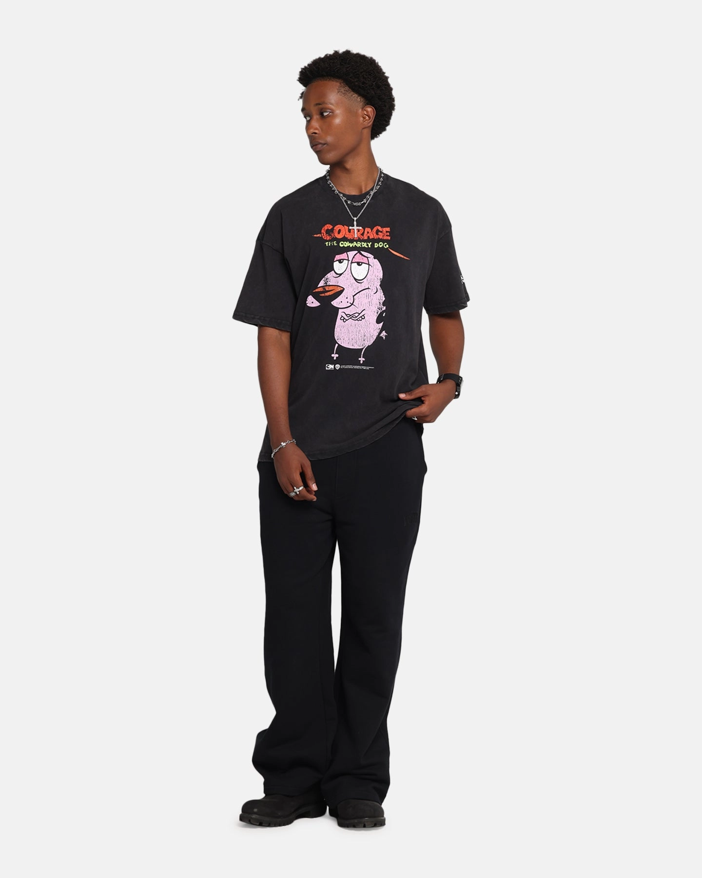 PreShrunkCotton 73 Studio X Cartoon Network Courage The Cowardly Dog Grail Vintage T-Shirt Black Acidwash