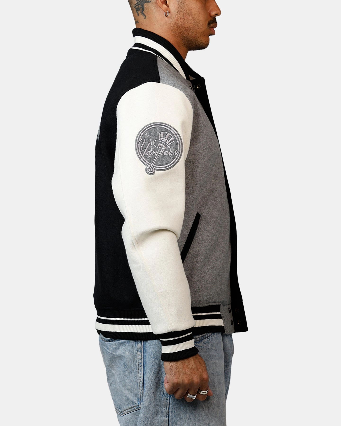 Propose Rain Ready Pro Standard New York Yankees Reverse French Terry Wool Varsity Jacket Black/Grey