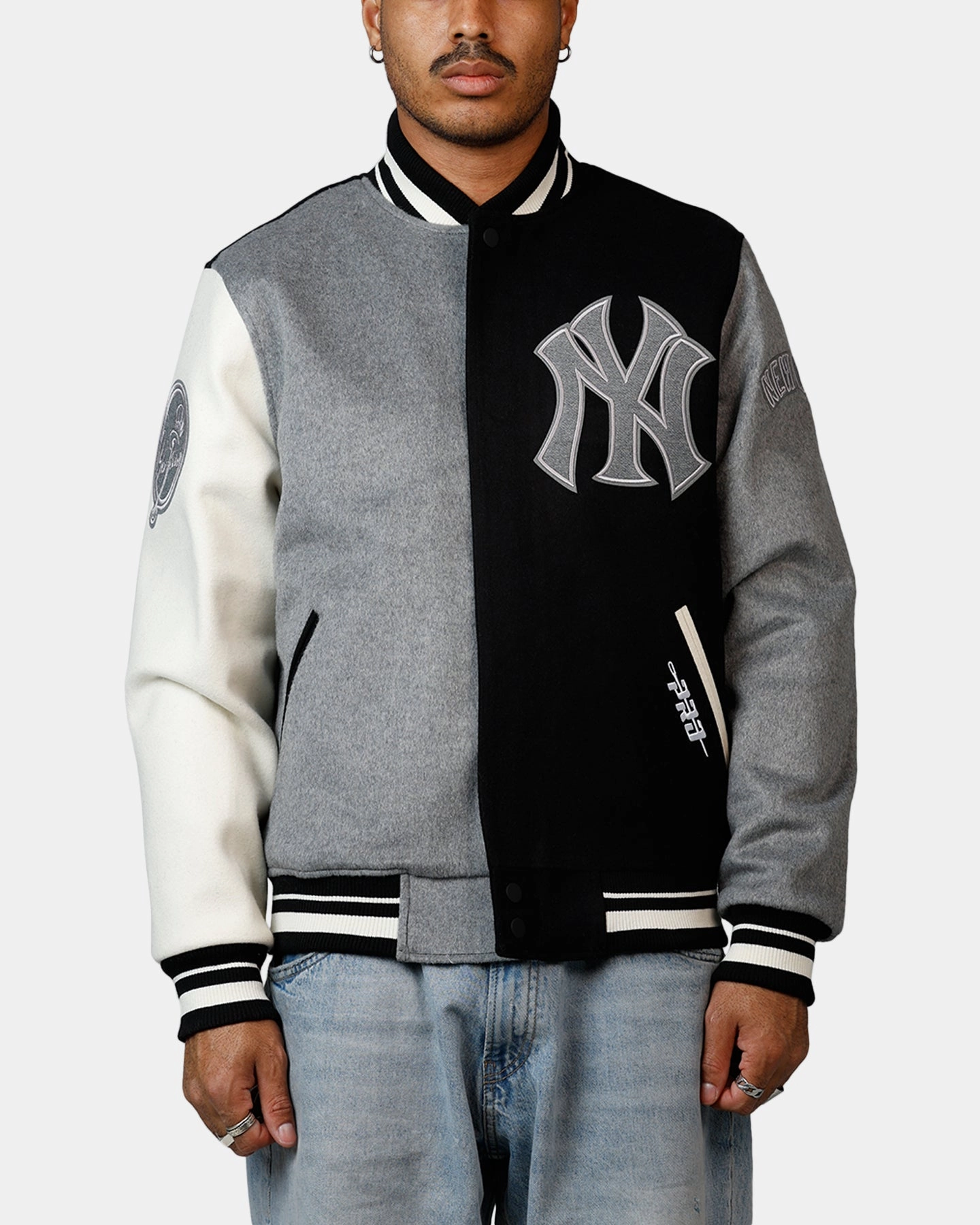 Pro Standard New York Yankees Reverse French Terry Wool Varsity Jacket Black/Grey High Collar Support Abrasion Resistant Finish