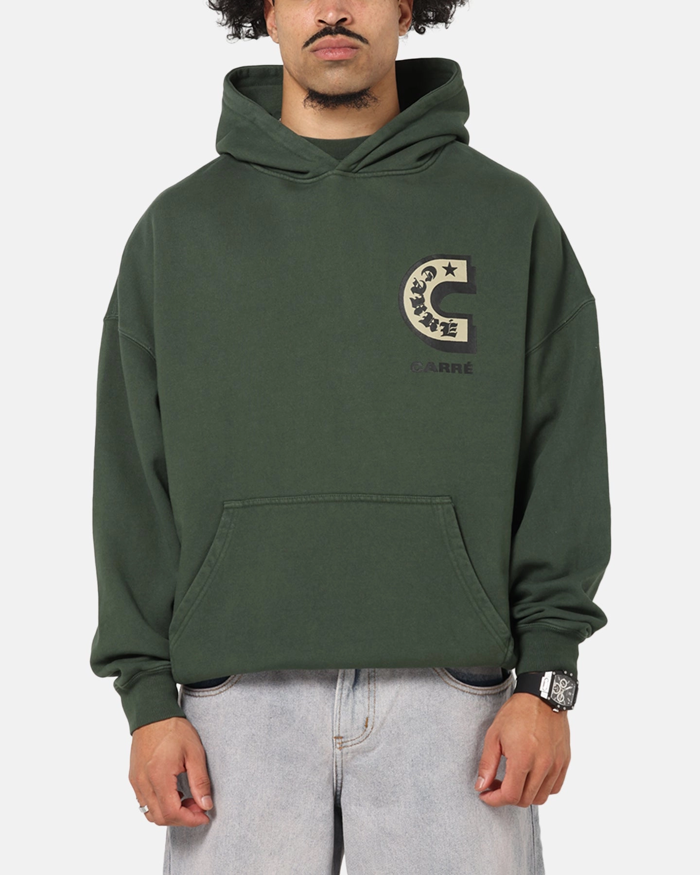 Slim Fit Contour Chipmunk like Carre Sacred Letter Hoodie Green